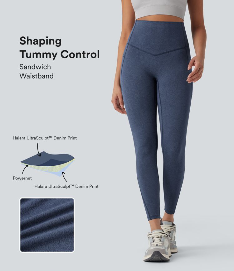 Halara UltraSculpt™ Denim Print SoCinched High Waisted Tummy Control Yoga Leggings with Pockets
