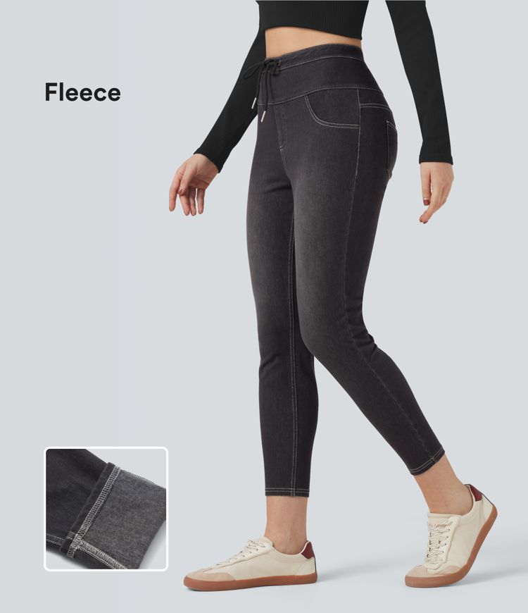 Halara Flex™ High Waisted Drawstring Fleece Denim Casual 7/8 Leggings with Pockets