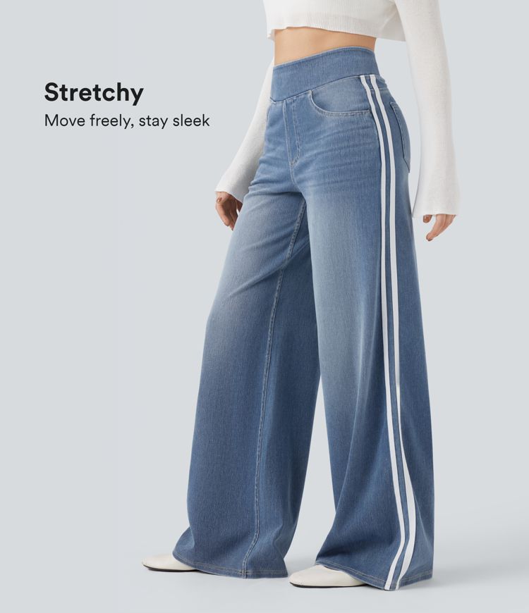 Halara Flex™ High Waisted Stripe Wide Leg Flowy Washed Casual Jeans with Pockets
