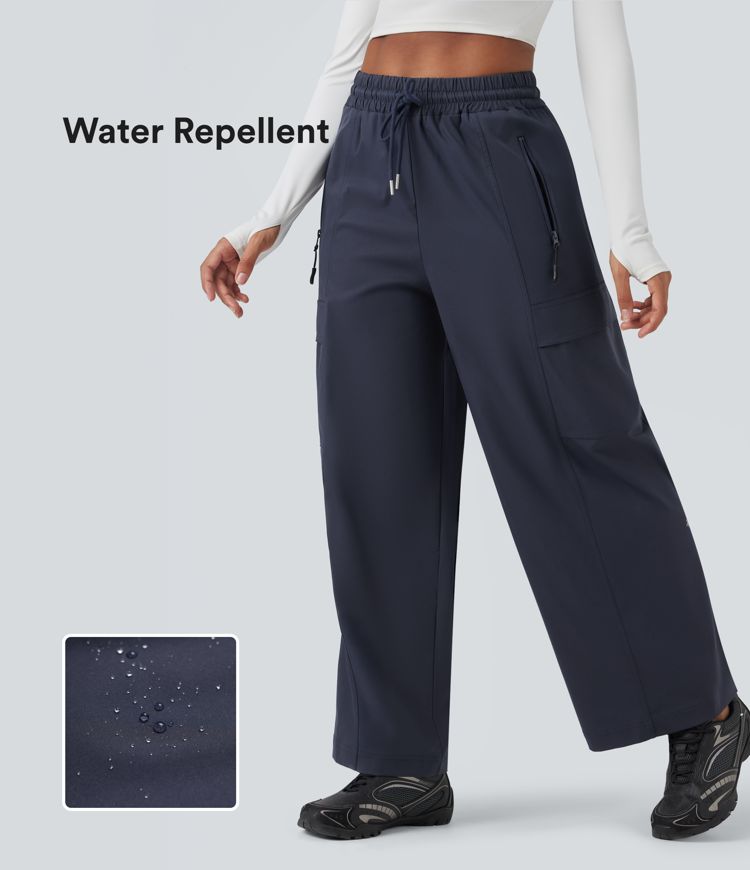 Water Repellent Wear-Resistant High Waisted Drawstring Straight Leg Hiking Pants with Pockets