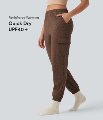 Mid Rise Quick Dry Heathered Lounge Cargo Joggers with Pockets-UPF40+
