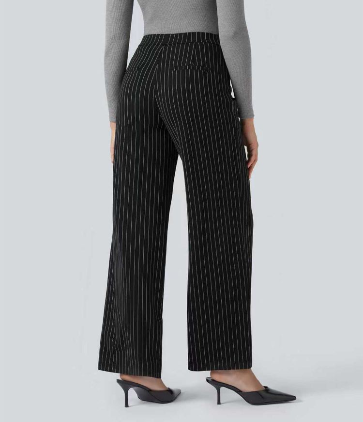 High Waisted Straight Leg Cool Touch Stripe Work Pants with Pockets