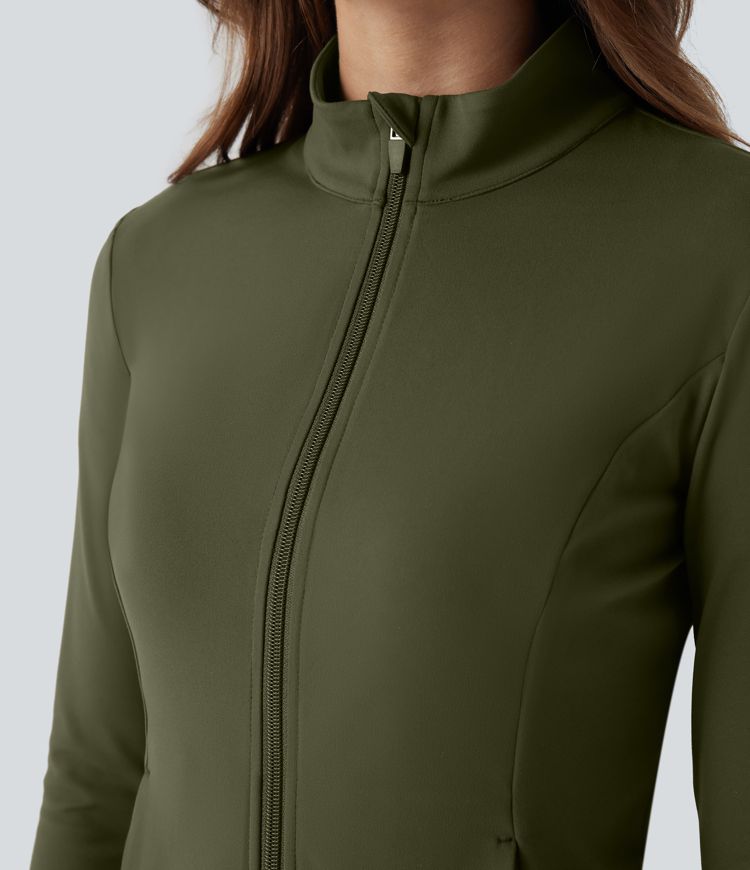 DayStretch Stand Collar Zipper Thumb Hole Ruffle Hem Slim Jacket with Pockets