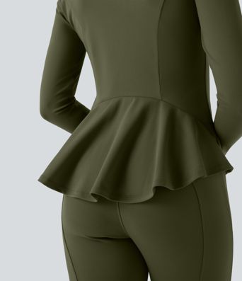 DayStretch Stand Collar Zipper Thumb Hole Ruffle Hem Slim Jacket with Pockets
