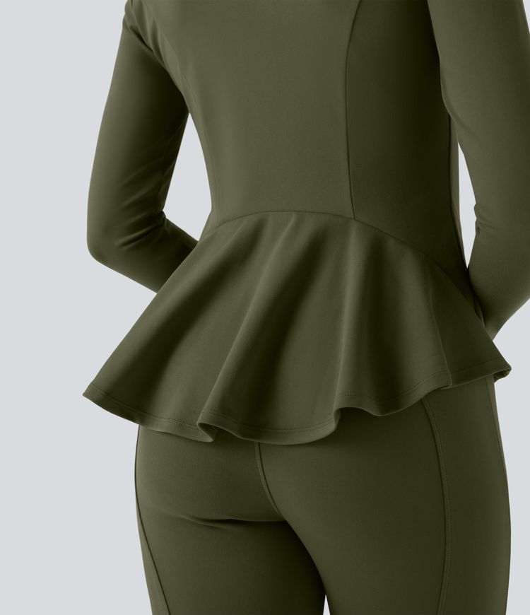 DayStretch Stand Collar Zipper Thumb Hole Ruffle Hem Slim Jacket with Pockets