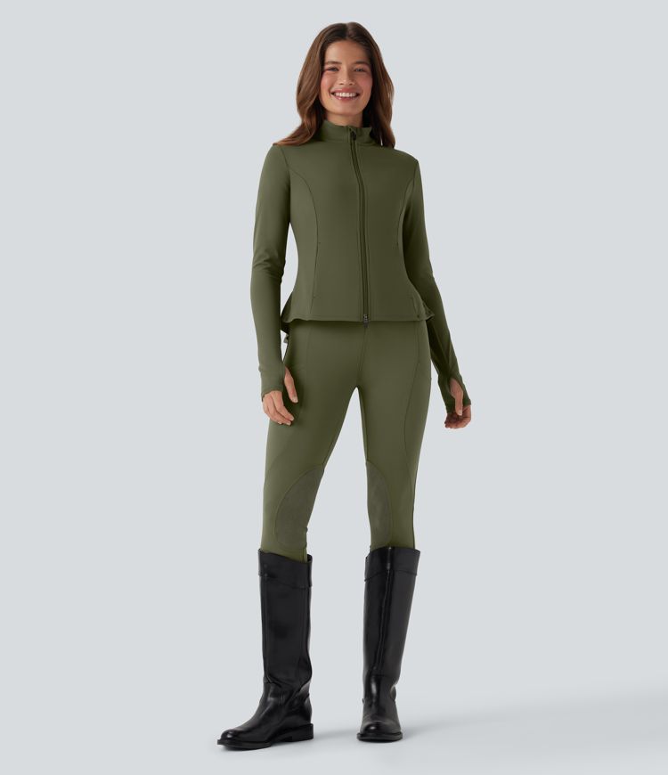 DayStretch Stand Collar Zipper Thumb Hole Ruffle Hem Slim Jacket with Pockets
