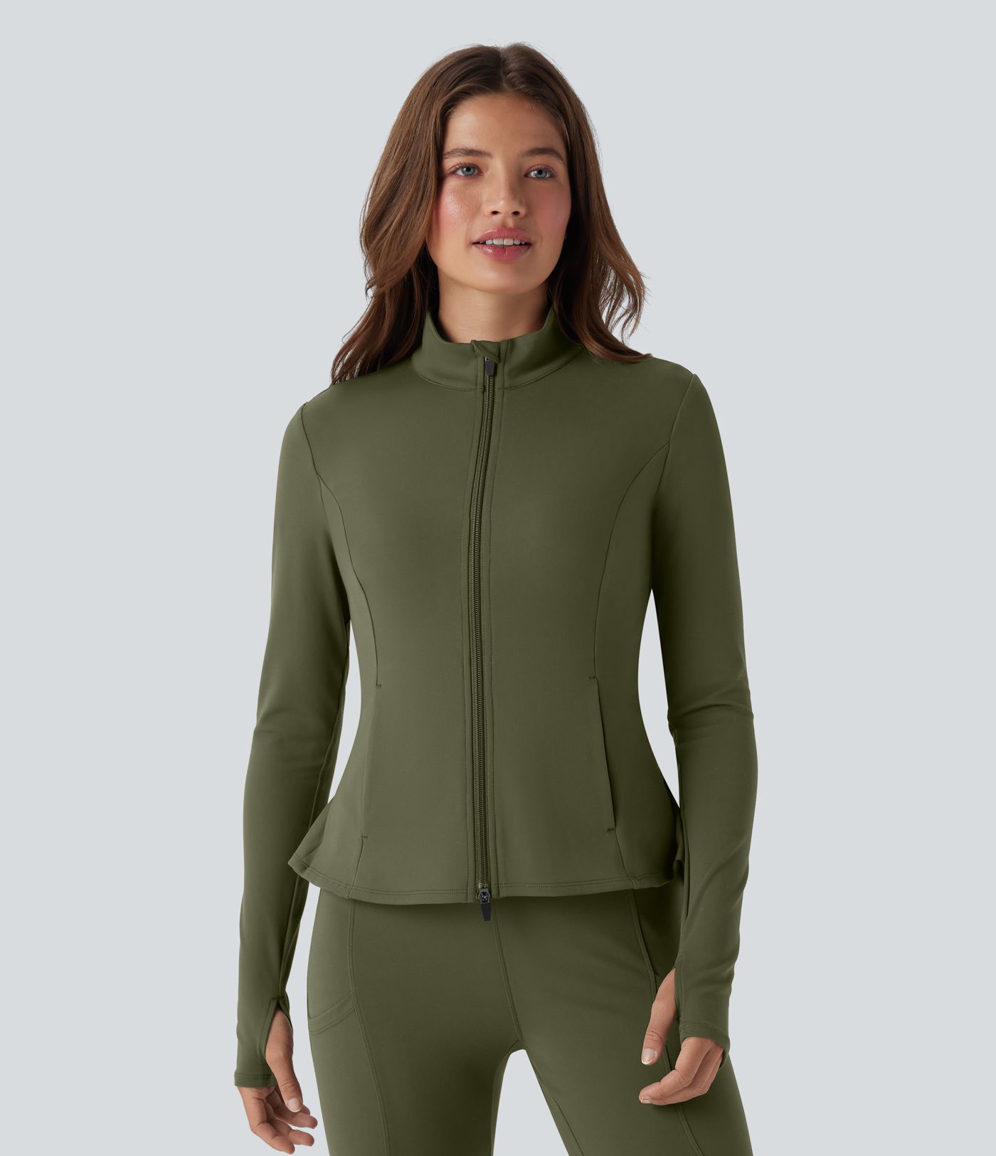 DayStretch Stand Collar Zipper Thumb Hole Ruffle Hem Slim Jacket with Pockets