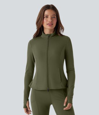 DayStretch Stand Collar Zipper Thumb Hole Ruffle Hem Slim Jacket with Pockets