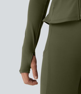 DayStretch Stand Collar Zipper Thumb Hole Ruffle Hem Slim Jacket with Pockets