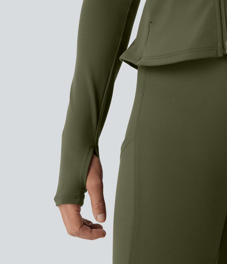 DayStretch Stand Collar Zipper Thumb Hole Ruffle Hem Slim Jacket with Pockets