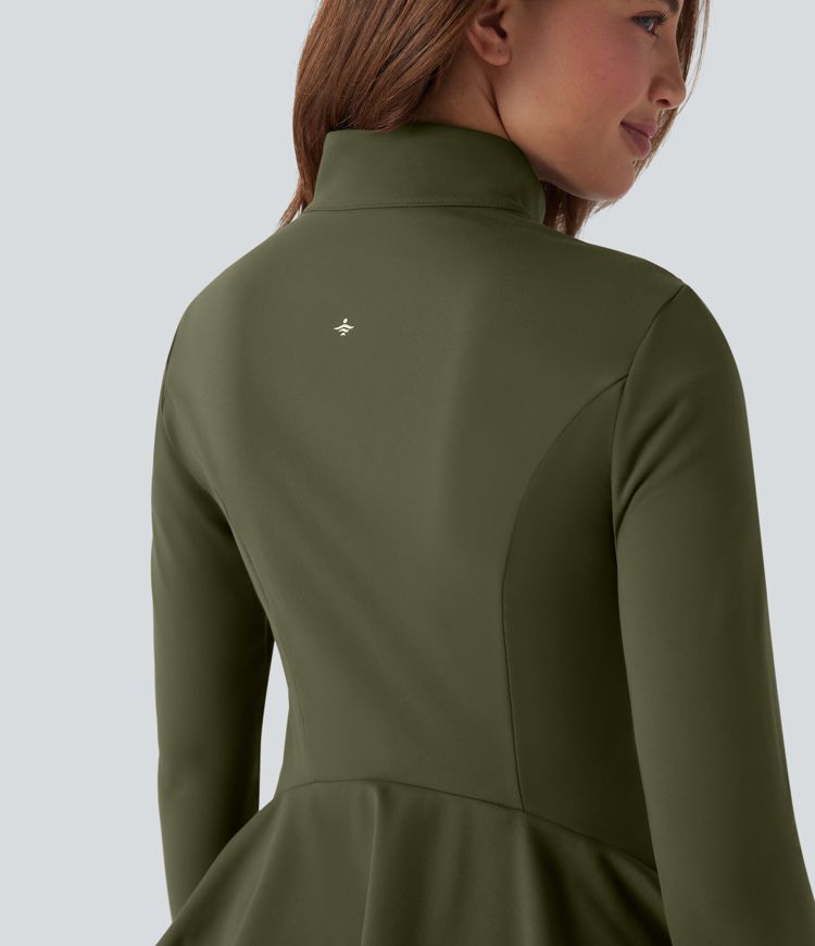 DayStretch Stand Collar Zipper Thumb Hole Ruffle Hem Slim Jacket with Pockets