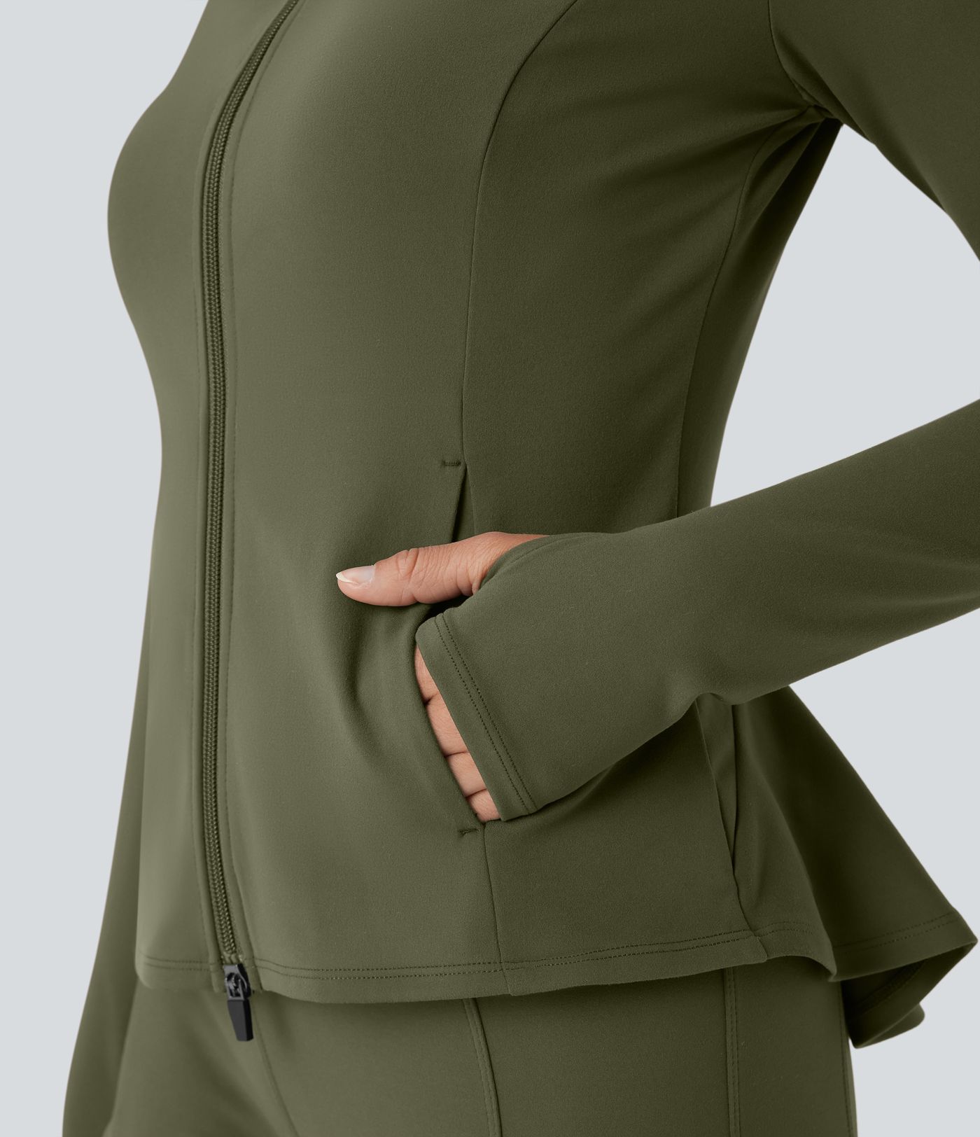 DayStretch Stand Collar Zipper Thumb Hole Ruffle Hem Slim Jacket with Pockets