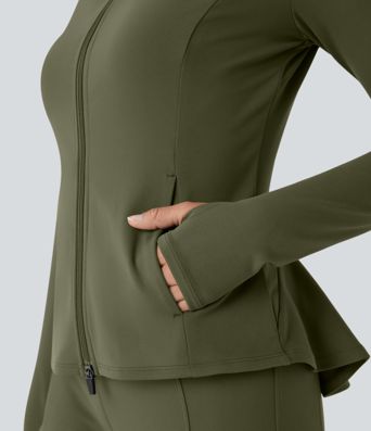 DayStretch Stand Collar Zipper Thumb Hole Ruffle Hem Slim Jacket with Pockets