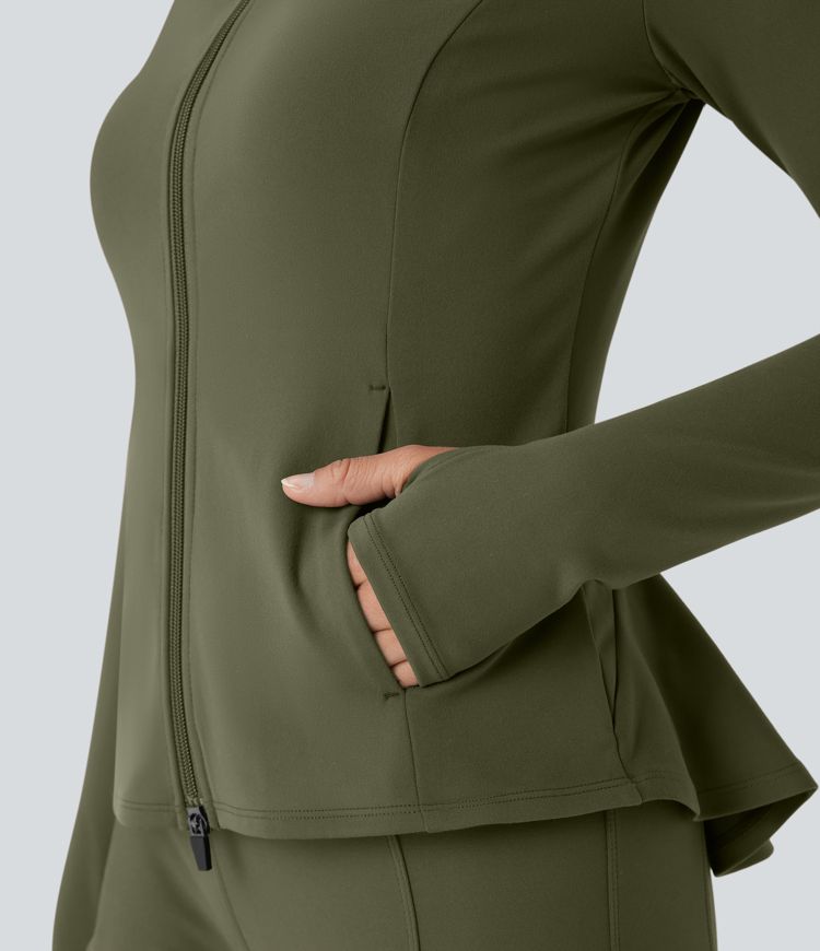 DayStretch Stand Collar Zipper Thumb Hole Ruffle Hem Slim Jacket with Pockets