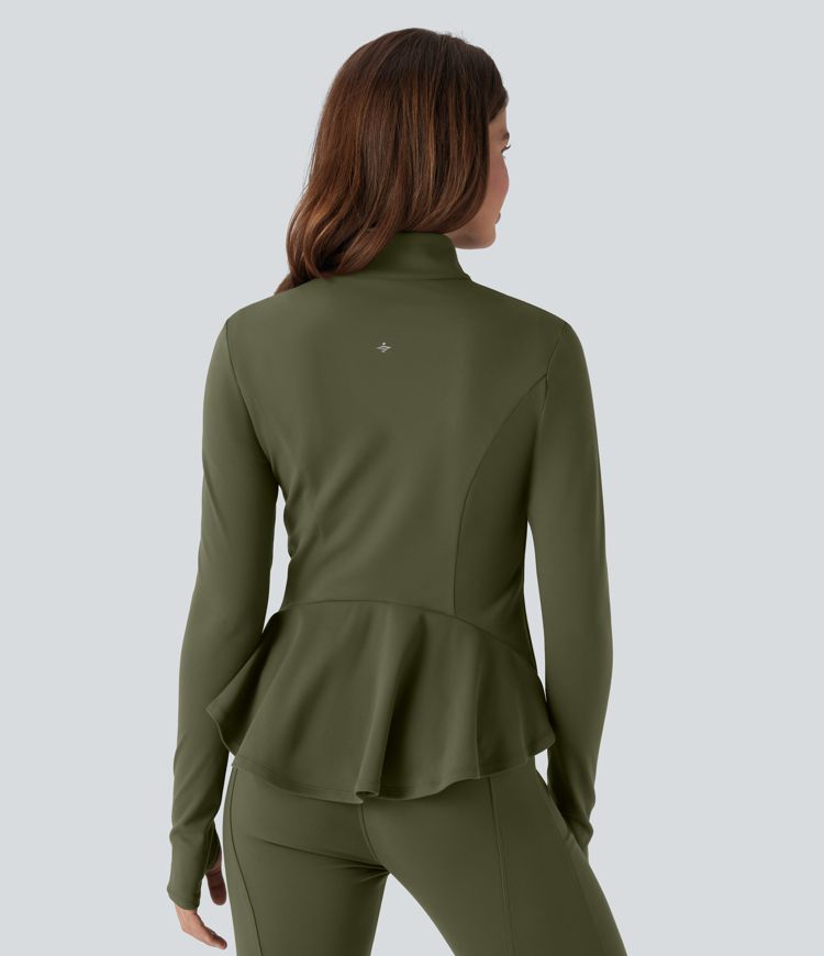 DayStretch Stand Collar Zipper Thumb Hole Ruffle Hem Slim Jacket with Pockets