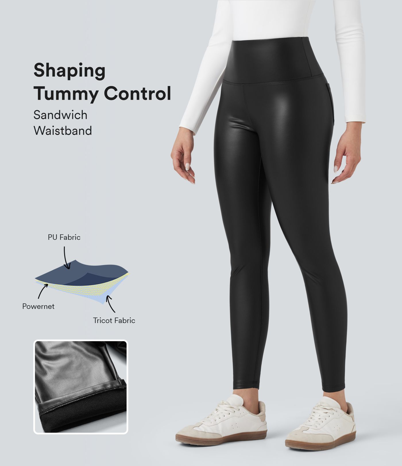 SoCinched Hoch Taillierte Bauchkontrolle Dehnbare PU Fleece 7/8 Skinny Casual Leggings mit Taschen