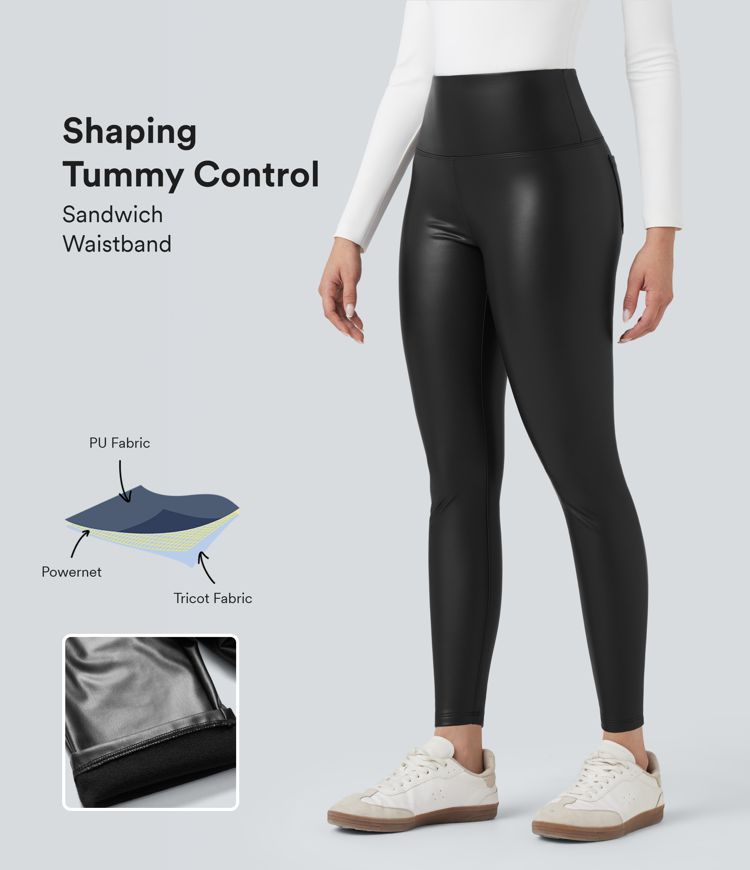 SoCinched High Waisted Tummy Control Stretchy PU Fleece 7/8 Skinny Casual Leggings with Pockets