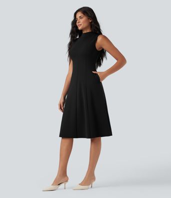 Mock Neck Sleeveless Midi Work Dress with Pockets