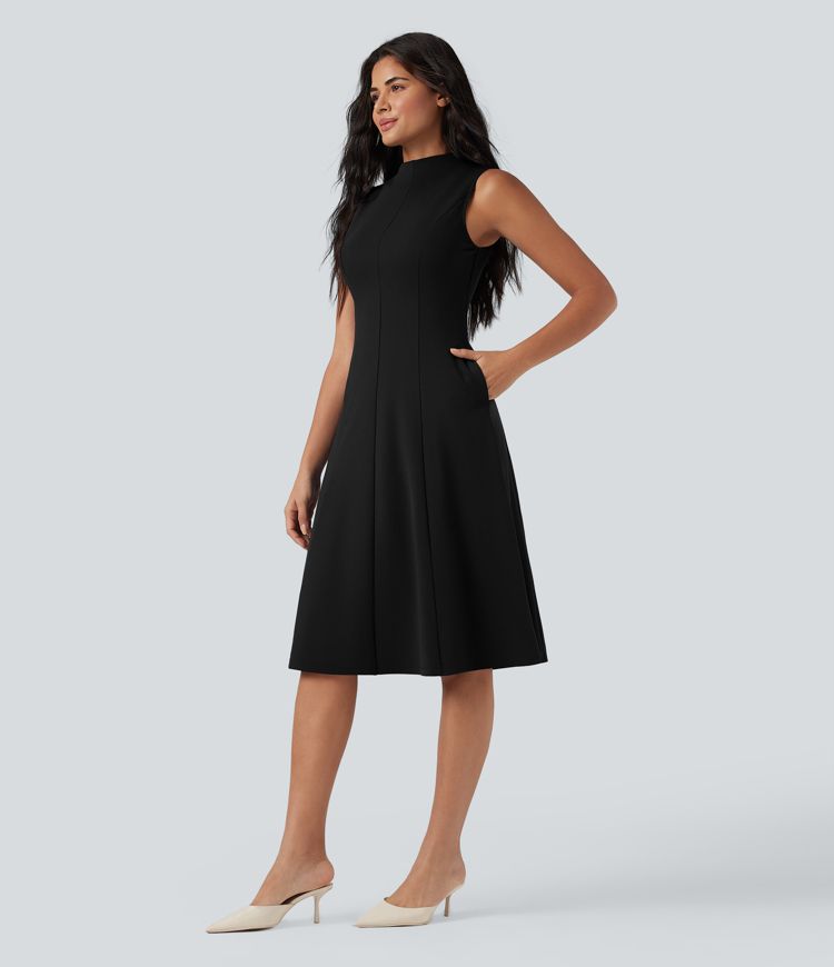 Mock Neck Sleeveless Midi Work Dress with Pockets