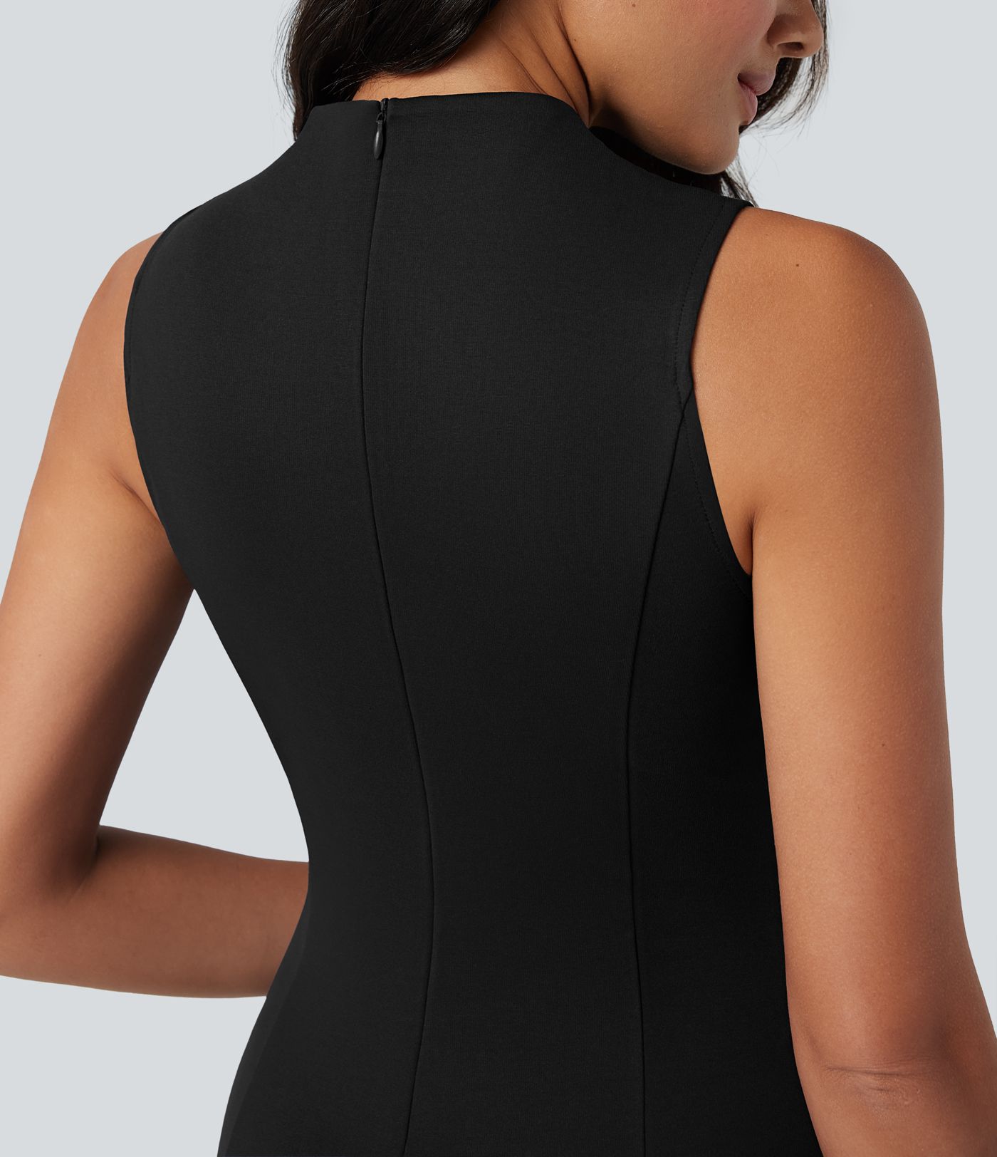 Mock Neck Sleeveless Midi Work Dress with Pockets