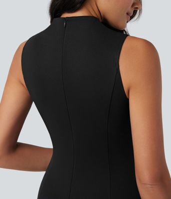 Mock Neck Sleeveless Midi Work Dress with Pockets