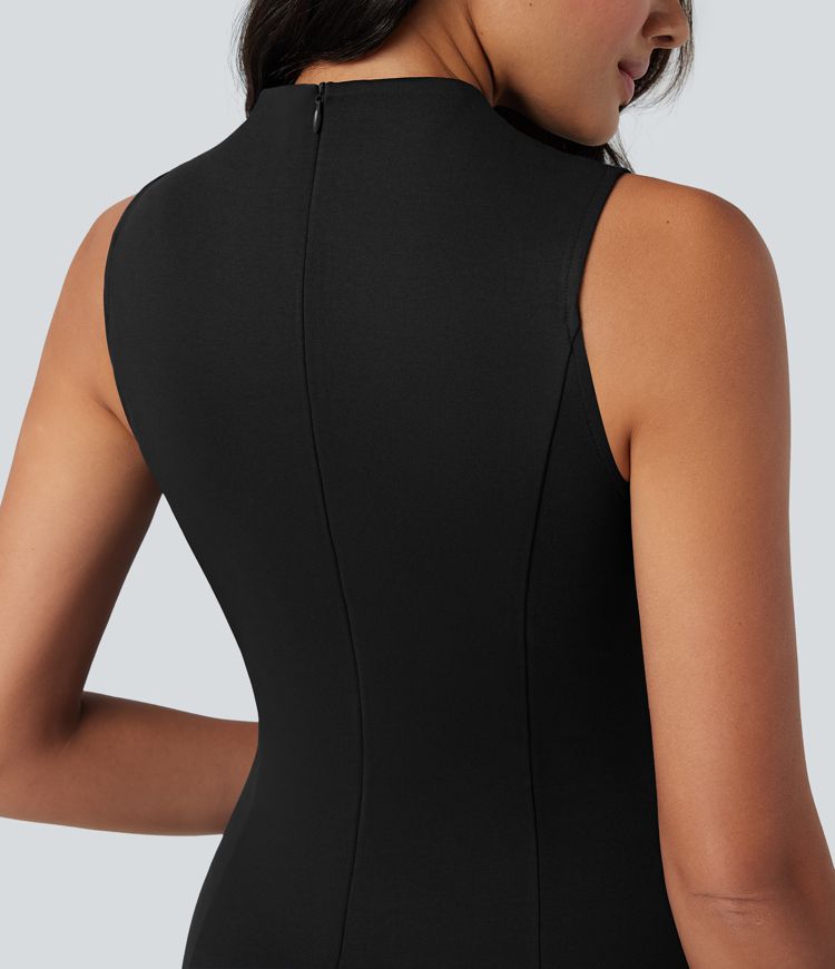 Mock Neck Sleeveless Midi Work Dress with Pockets