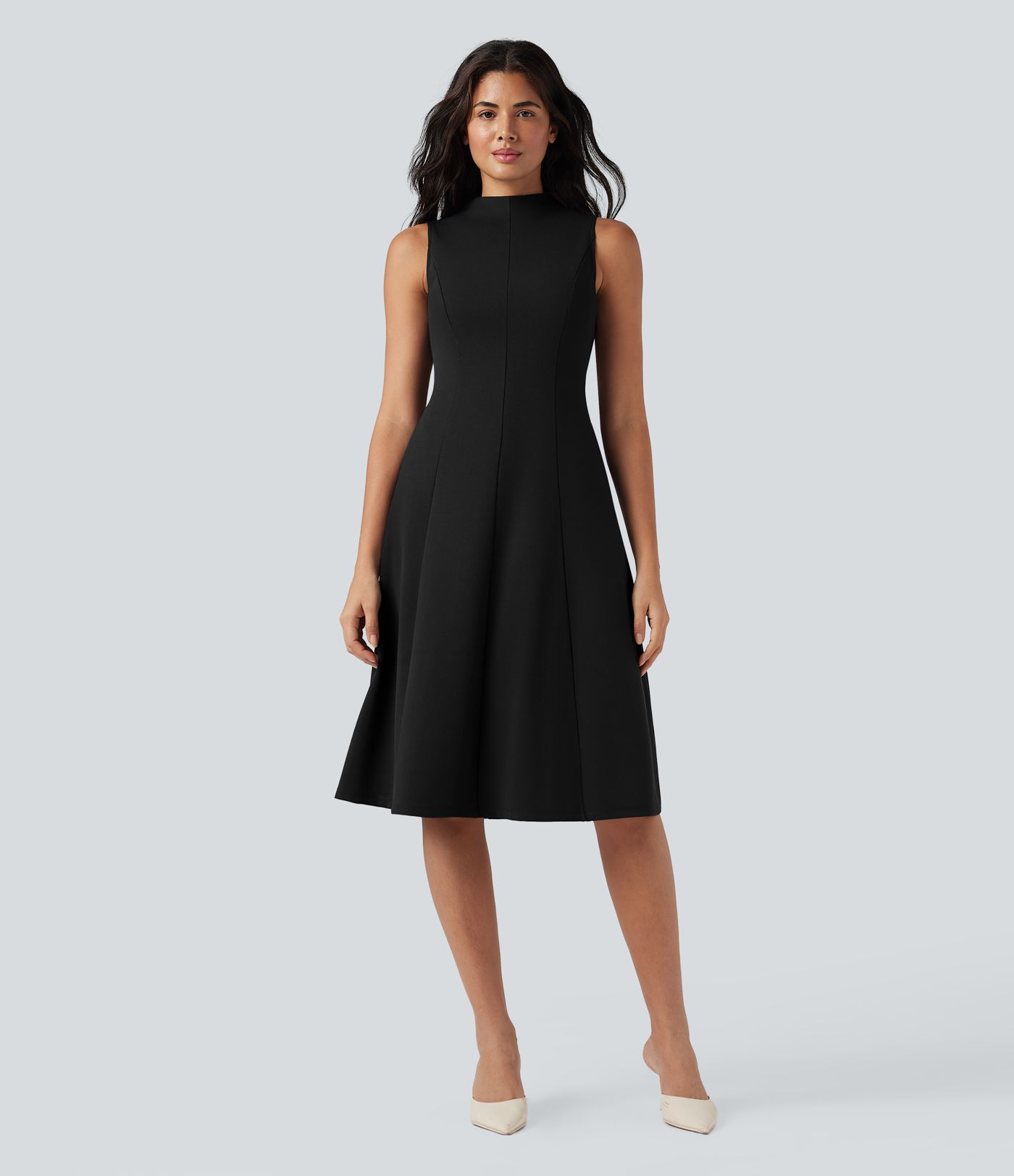 Mock Neck Sleeveless Midi Work Dress with Pockets