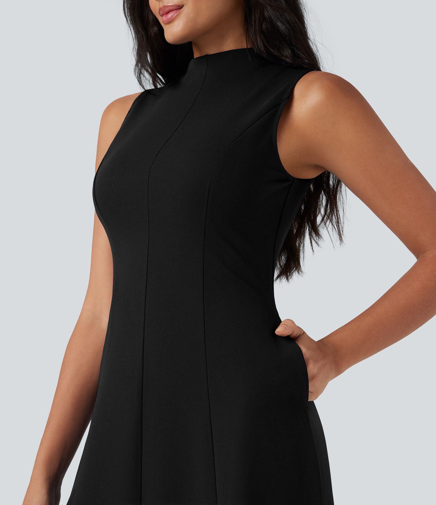 Mock Neck Sleeveless Midi Work Dress with Pockets