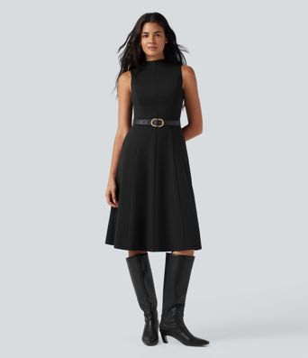 Mock Neck Sleeveless Midi Work Dress with Pockets