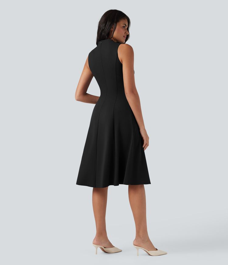 Mock Neck Sleeveless Midi Work Dress with Pockets