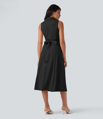 Vestido midi de trabajo sin mangas con escote en V y lazo en la espalda