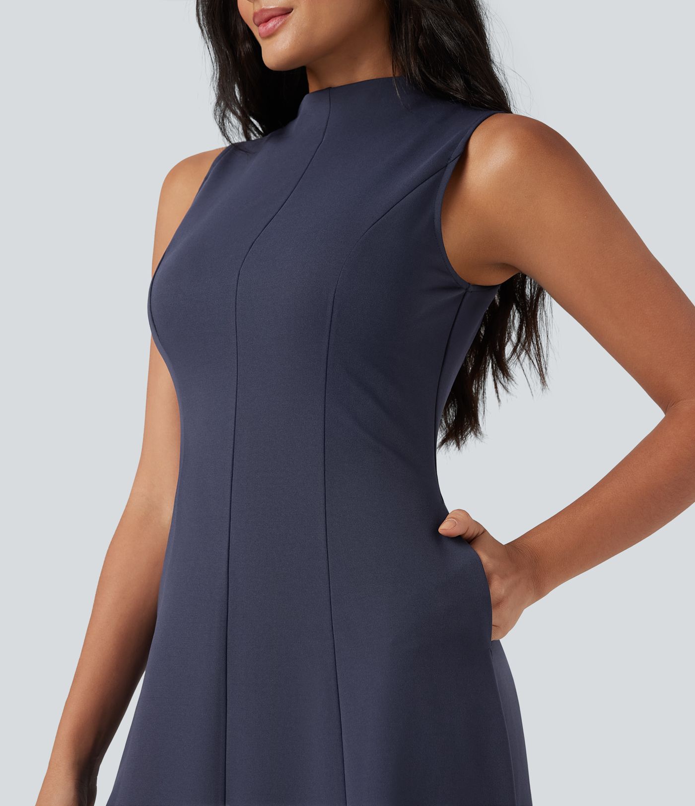 Mock Neck Sleeveless Midi Work Dress with Pockets