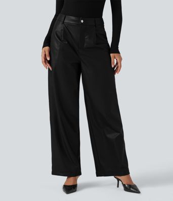 High Waisted Wide Leg Fleece Casual PU Leather Pants with Pockets
