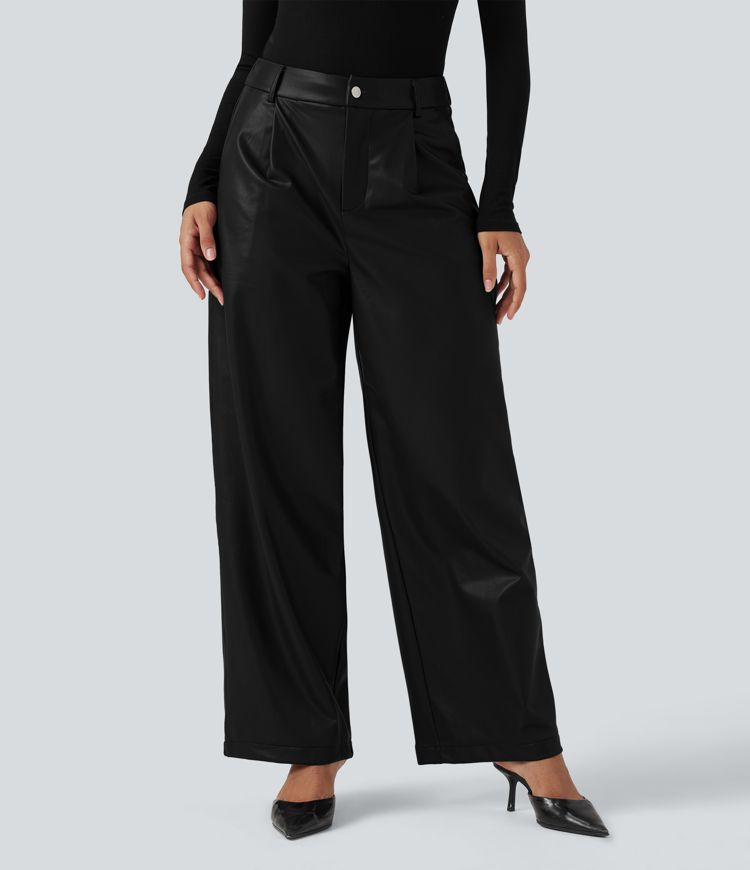 High Waisted Wide Leg Fleece Casual PU Leather Pants with Pockets
