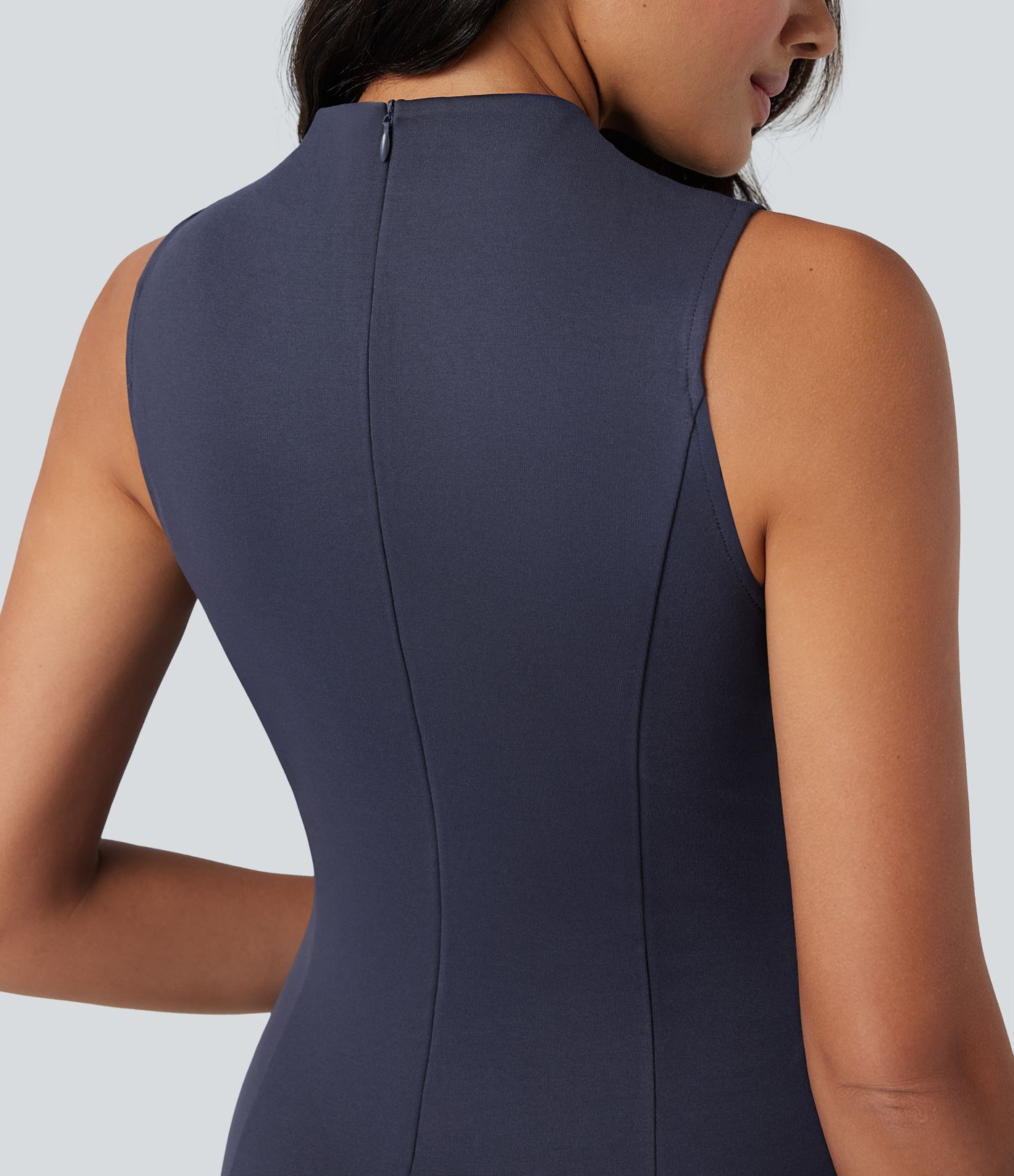 Mock Neck Sleeveless Midi Work Dress with Pockets