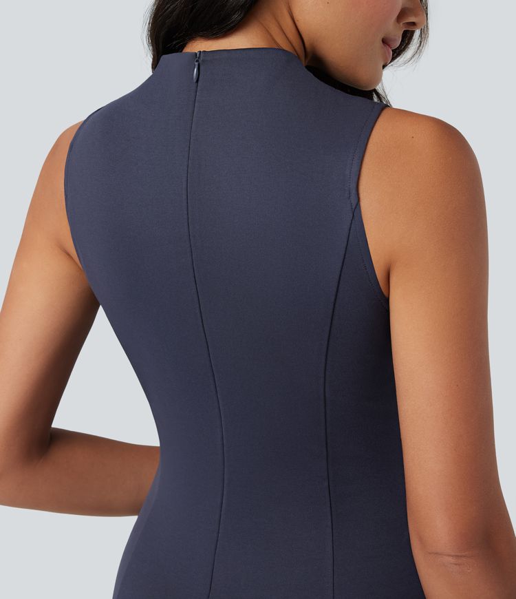 Mock Neck Sleeveless Midi Work Dress with Pockets