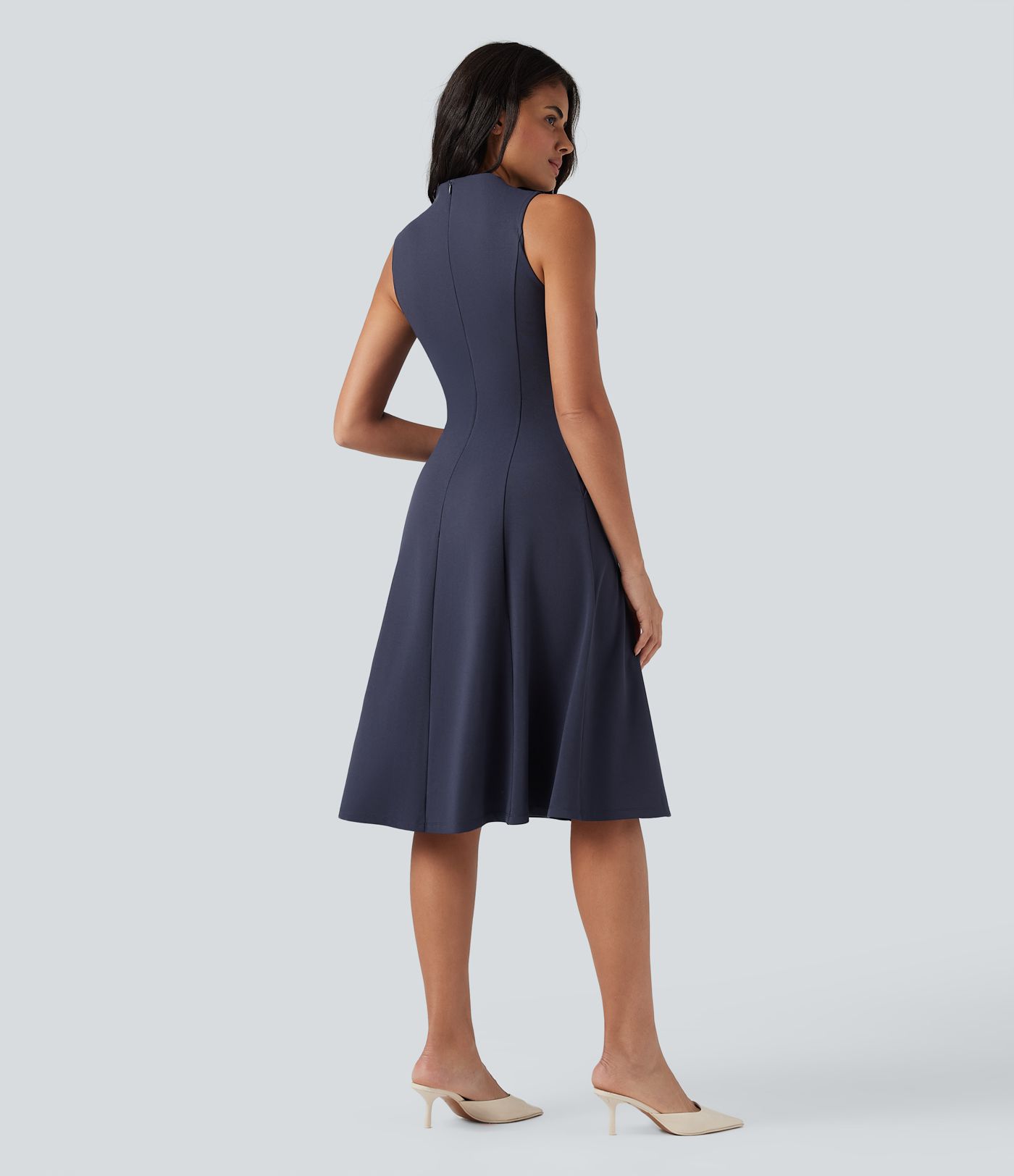 Mock Neck Sleeveless Midi Work Dress with Pockets