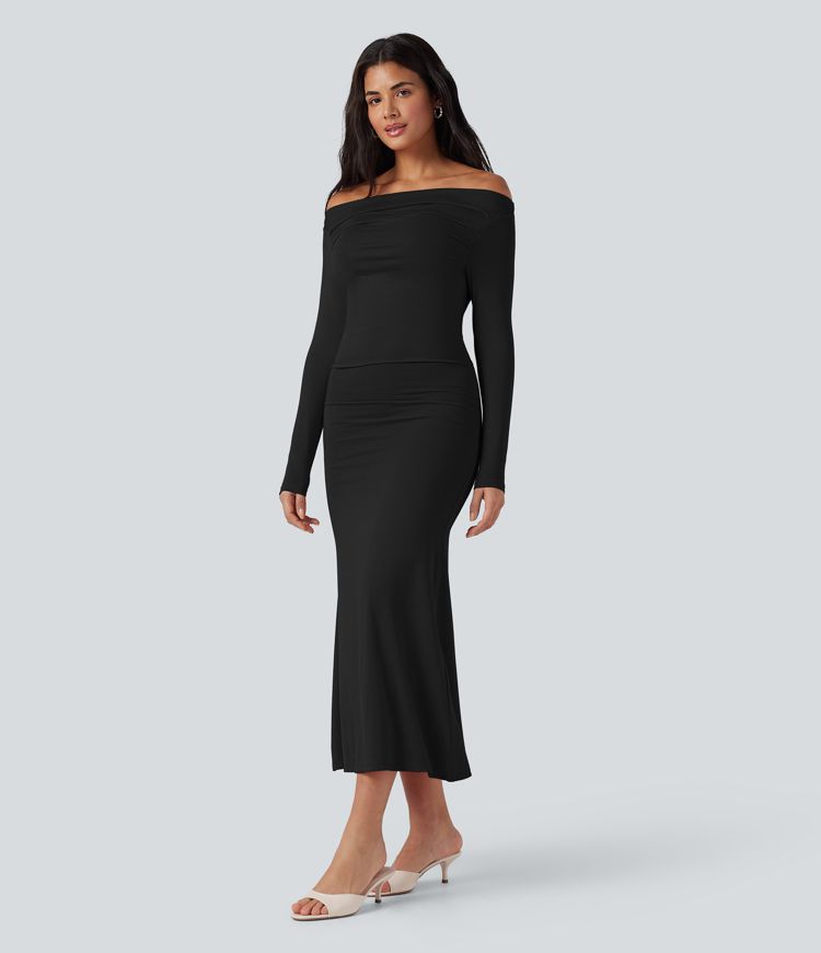 Off Shoulder Long Sleeve Maxi Dress