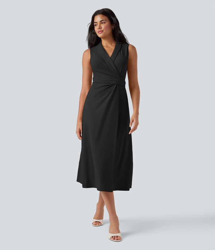 Vestido midi de trabajo sin mangas con escote en V y lazo en la espalda