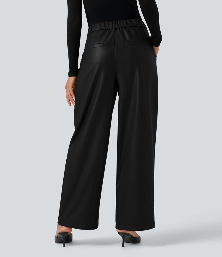 High Waisted Wide Leg Fleece Casual PU Leather Pants with Pockets