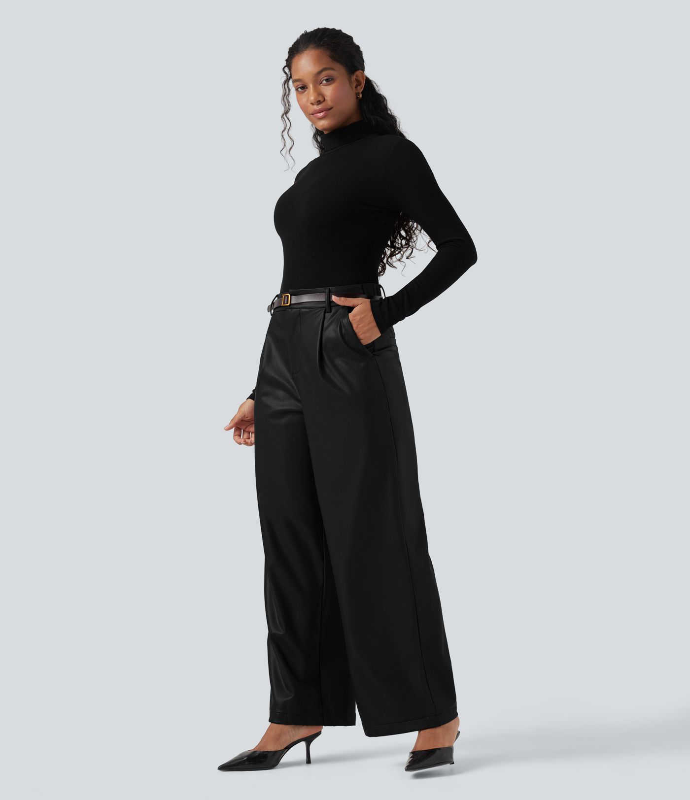 High Waisted Wide Leg Fleece Casual PU Leather Pants with Pockets