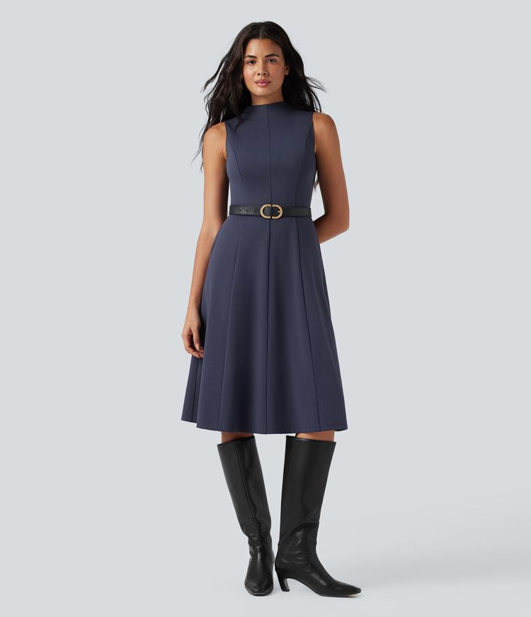 Mock Neck Sleeveless Midi Work Dress with Pockets