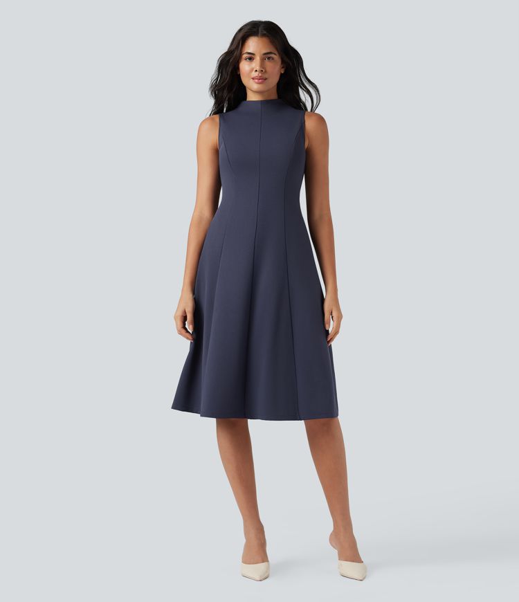 Mock Neck Sleeveless Midi Work Dress with Pockets