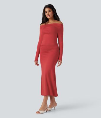 Off Shoulder Long Sleeve Maxi Dress