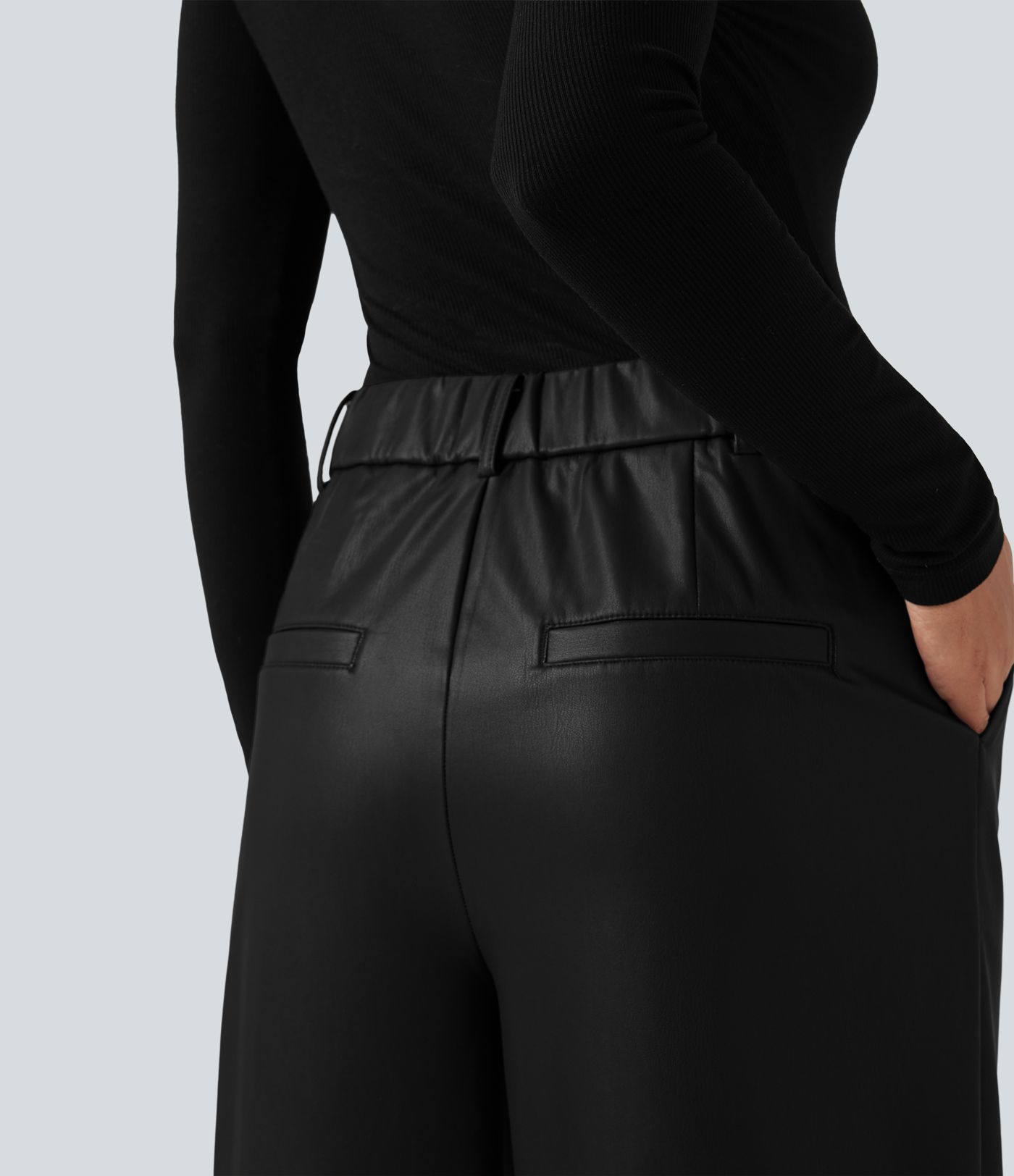 High Waisted Wide Leg Fleece Casual PU Leather Pants with Pockets