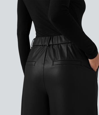 High Waisted Wide Leg Fleece Casual PU Leather Pants with Pockets