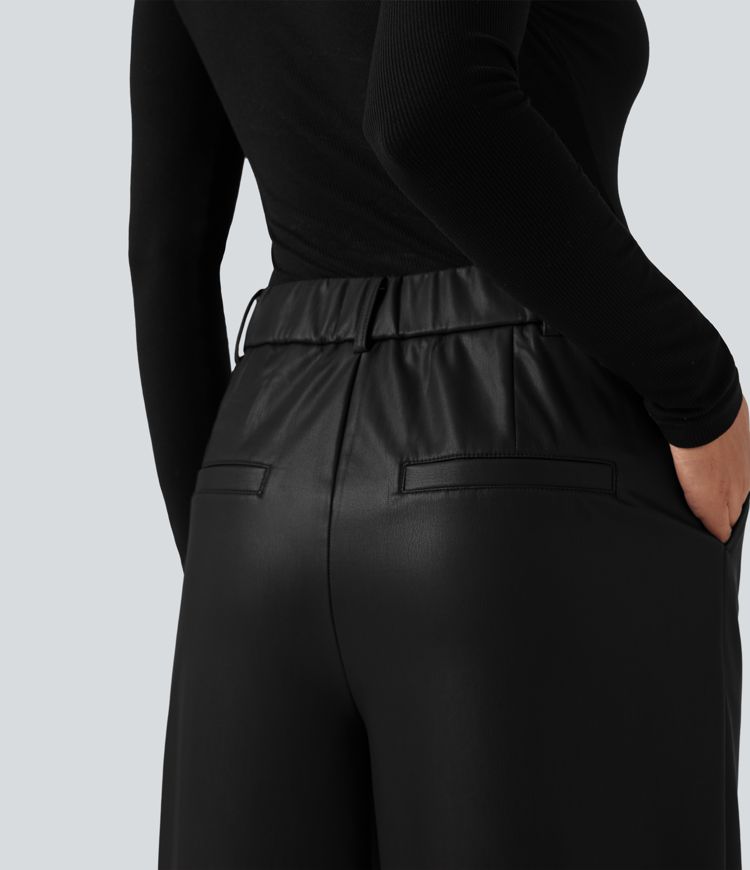 High Waisted Wide Leg Fleece Casual PU Leather Pants with Pockets
