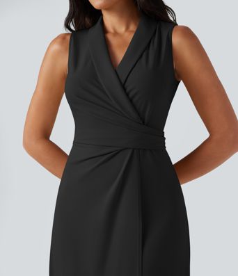 Vestido midi de trabajo sin mangas con escote en V y lazo en la espalda