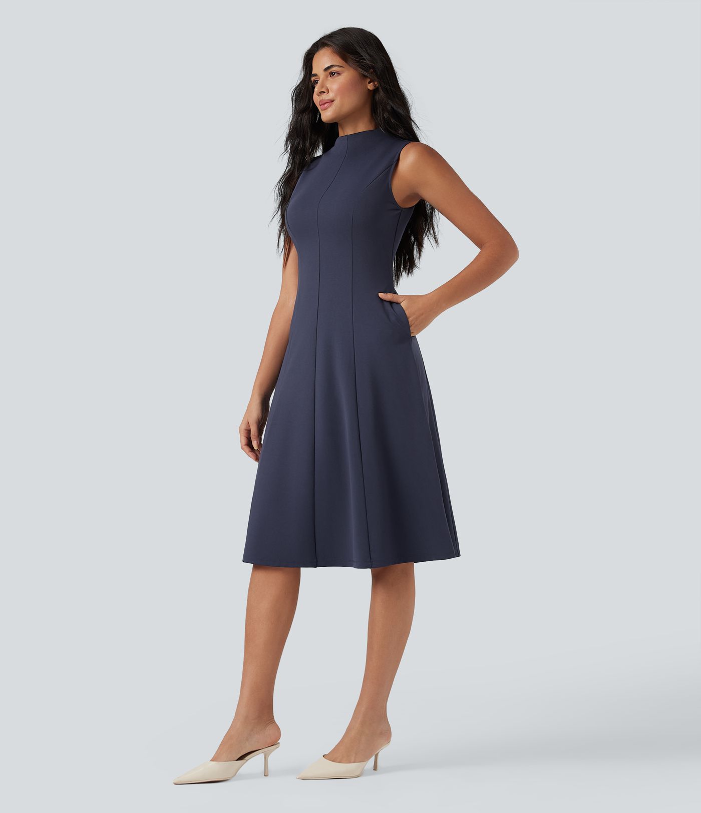 Mock Neck Sleeveless Midi Work Dress with Pockets