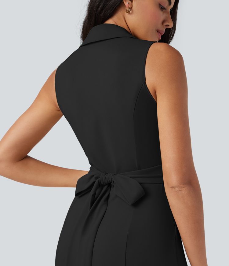 Vestido midi de trabajo sin mangas con escote en V y lazo en la espalda